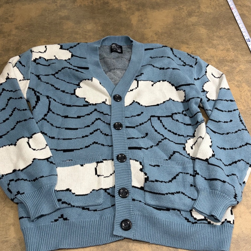 Steady Hands Cardigan Unisex M/L Blue Cloud Wave Knit Button Front Sweater 7451